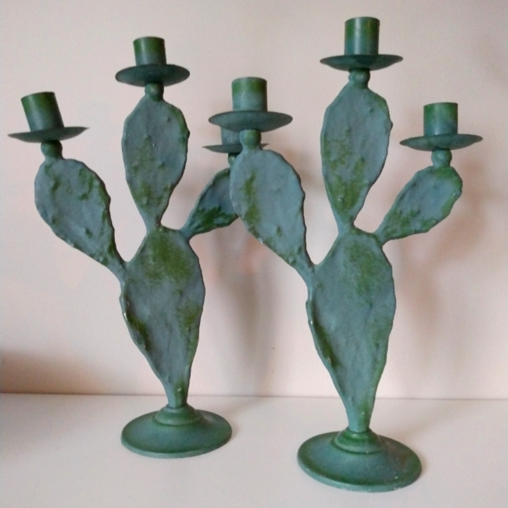 Vintage Green Cactus-Style Metal Candlestick Pair